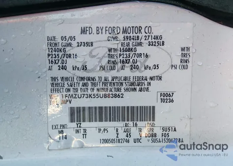 2005 Ford Explorer Xlt/Xlt Sport z USA, uszkodzony, nr VIN 1FMZU73K55UB83862